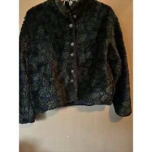 Vintage Nanuk Fleece Jacket Full Button black and green leaves